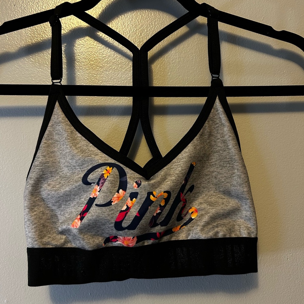 PINK Victoria’s Secret Ultimate Sports Bra Gray Floral Logo Size Small / 34B